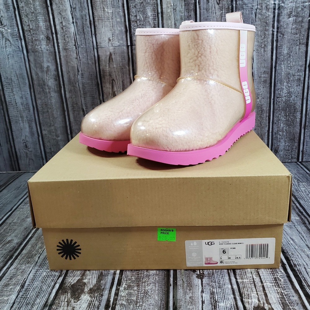 UGG Kid's Classic Clear Mini II Pink Waterproof Boots 1121007K Size 6
